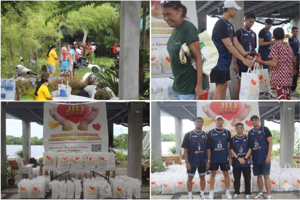 JILI Play community charity event in the Philippines showing volunteers distributing rice bags alongside local basketball team members in 2025