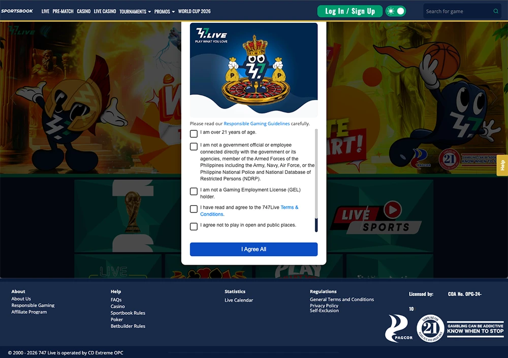747LIVE homepage interface showing PAGCOR accreditation badge and game category navigation