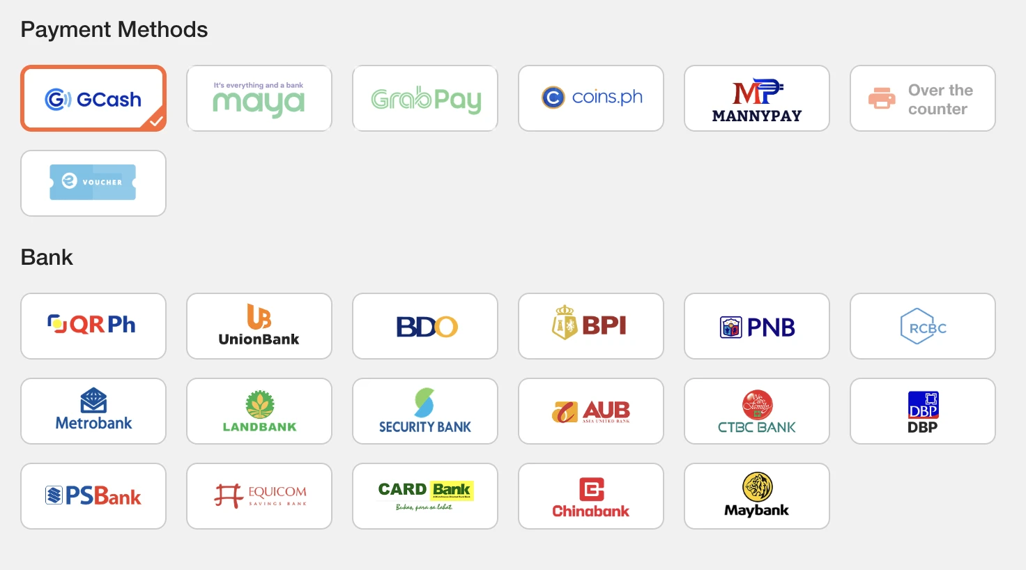 BingoPlus payment method selection screen showing GCash, Maya, GrabPay, coins.ph, MannyPay, over-the-counter, voucher options and 17 partner banks including QRPh, BDO, BPI, UnionBank, Metrobank