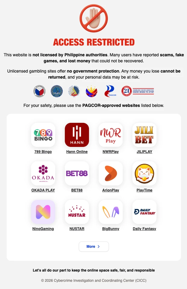 Philippine CICC government block page displayed when accessing an unlicensed gambling domain, stating the website is not licensed by Philippine authorities