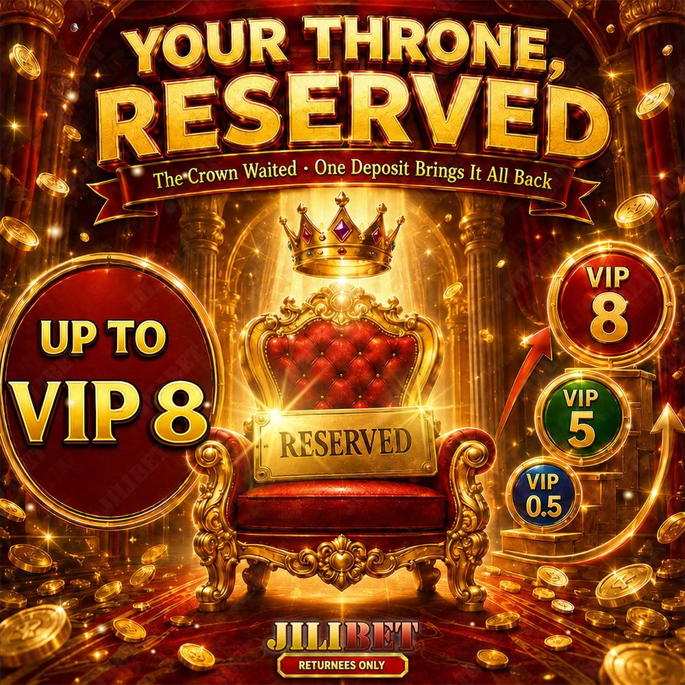 JILIBET Stage 2 Your Throne Reserved banner showing VIP level restoration up to VIP 8 after a qualifying deposit.