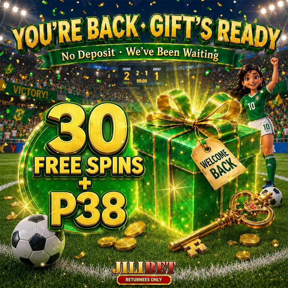 JILIBET Stage 1 You're Back welcome gift banner offering 30 Free Spins plus ₱38 Lucky Cash with no deposit required.