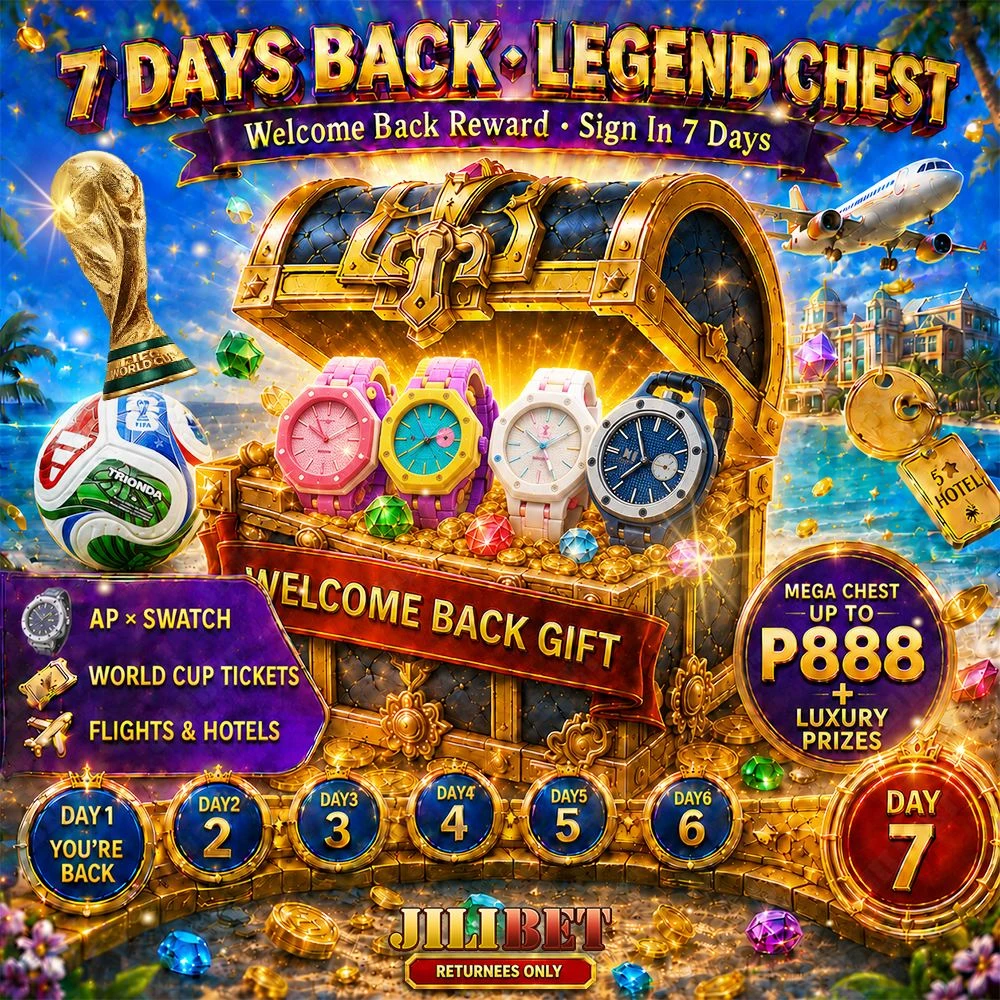 JILIBET Stage 3 7 Days Back Legend Chest banner showing a mega chest worth up to ₱888 plus luxury prizes for completing the 7-day mission.